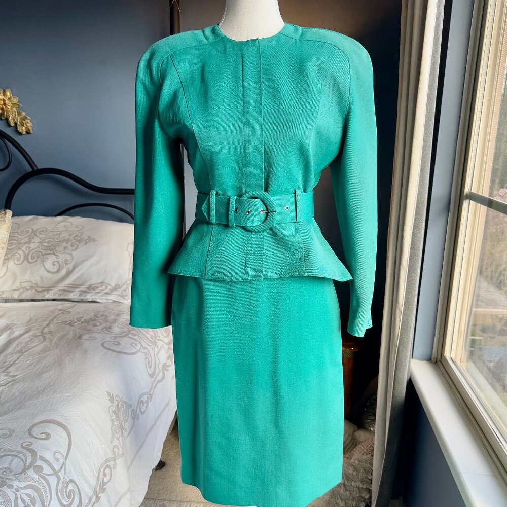 Vintage Teal Green 90s Power Skirt Suit